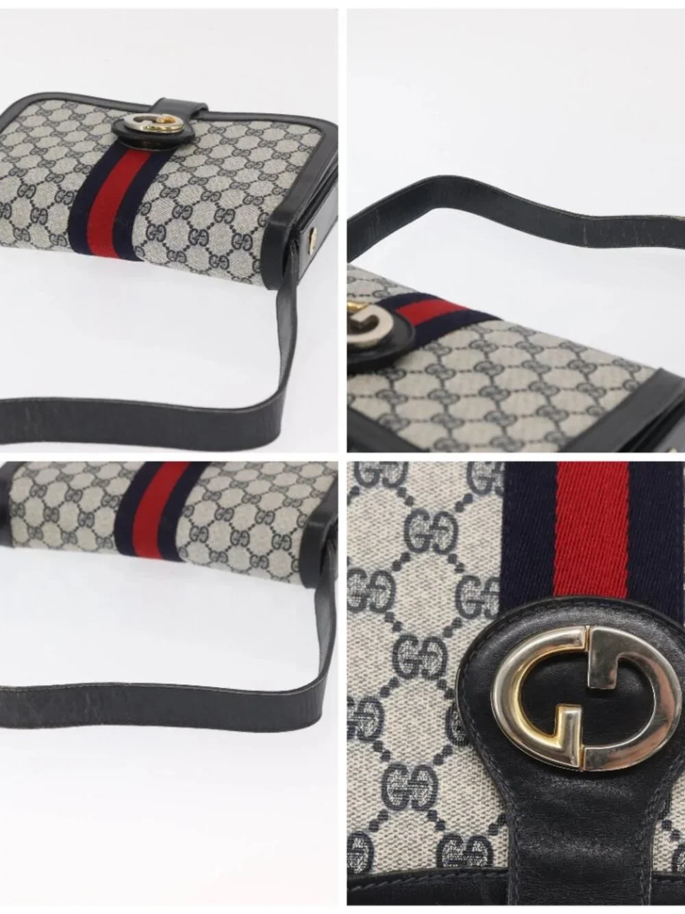 GUCCI GG Supreme Sherry Line Shoulder Bag PVC Navy Gold Auth ka2109